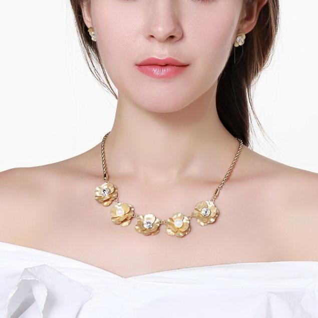 Golden Flower Pearl Stud Earring And Necklace Jewellery Set - KHAISTA Fashion Jewellery