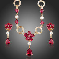 Khaista gold garnet floral CZ waterdrop jewellery set