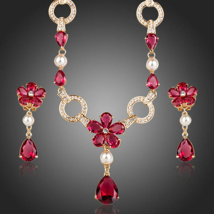 Khaista gold garnet floral CZ waterdrop jewellery set