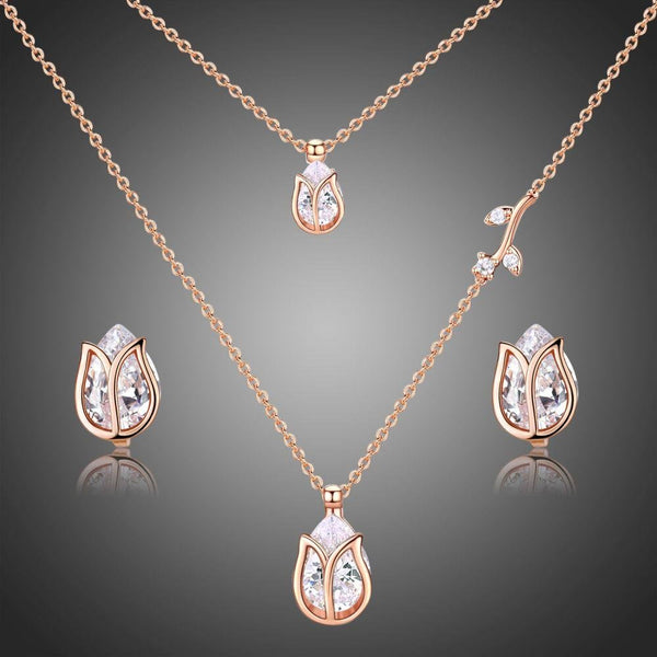 Khaista gold lotus pear crystal necklace earrings set on white background