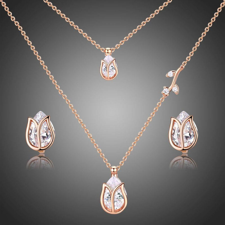 Khaista gold lotus pear crystal necklace earrings set on white background