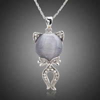 KHAISTA grey crystal cat pendant necklace on white background