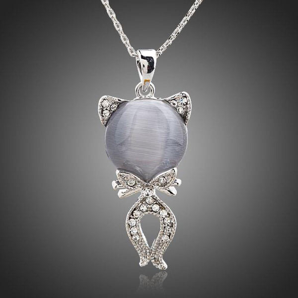 KHAISTA grey crystal cat pendant necklace on white background