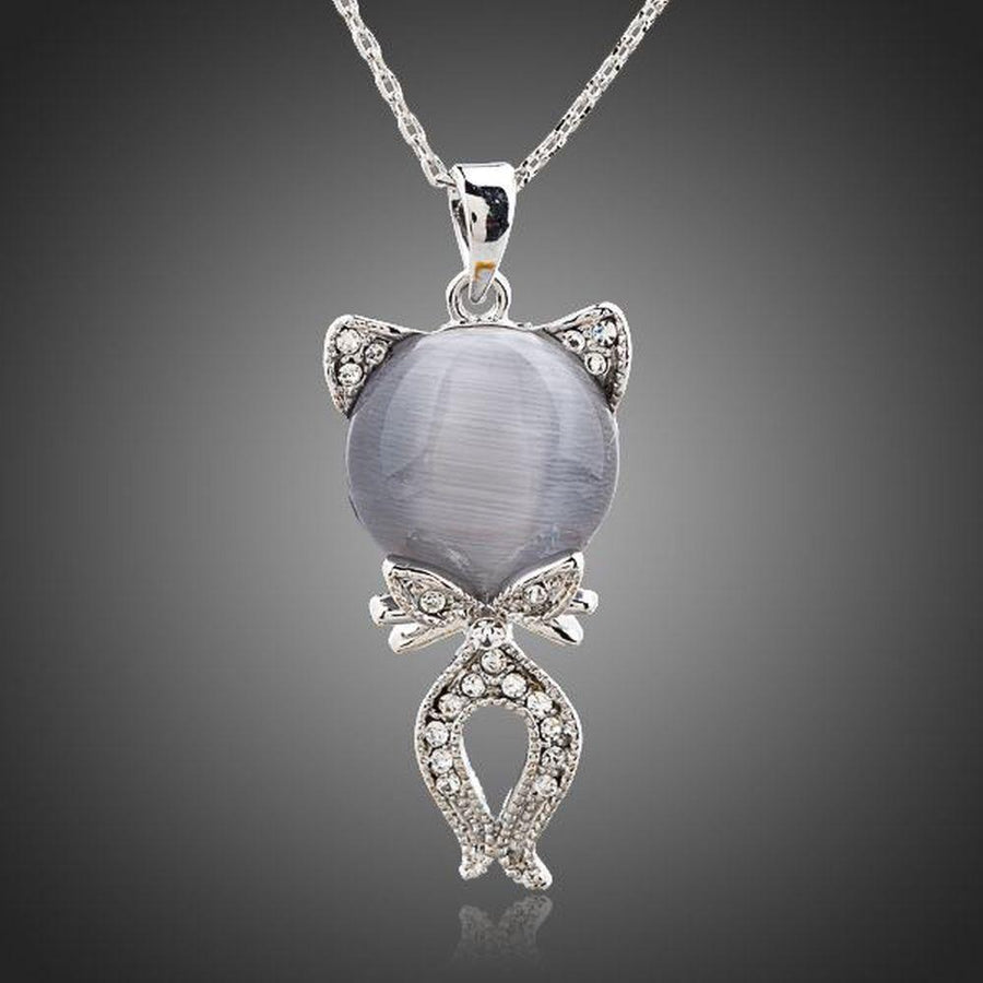 KHAISTA grey crystal cat pendant necklace on white background