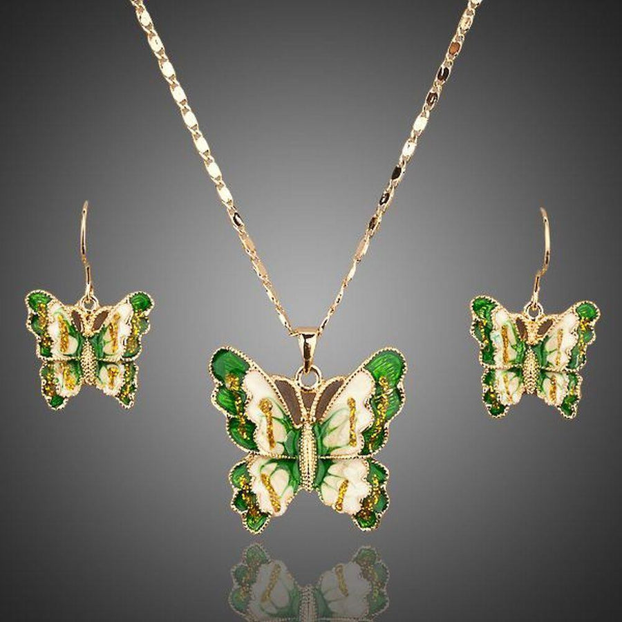 Khaista green butterfly crystal drop earrings chain necklace set