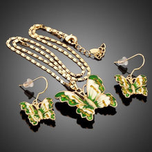 Load image into Gallery viewer, Green Butterfly Drop Earrings + Chain Necklace Set - KHAISTA Fashion Jewellery

