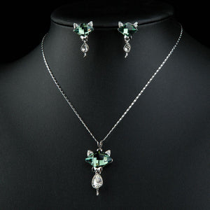Green Crystal Fox Pendant Jewelry Set - KHAISTA Fashion Jewellery