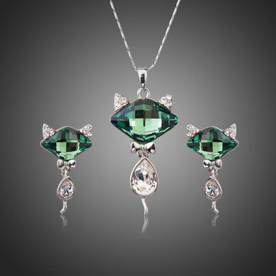 Green Crystal Fox Pendant Jewelry Set - KHAISTA Fashion Jewellery