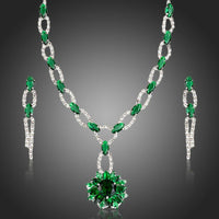 Khaista green cubic zirconia floral necklace drop earrings set