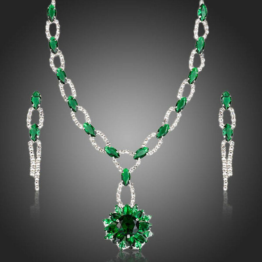 Khaista green cubic zirconia floral necklace drop earrings set