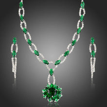 Load image into Gallery viewer, Green Cubic Zirconia Flower Necklace + Drop Earrings Set - KHAISTA Fashion Jewellery
