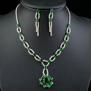Green Cubic Zirconia Flower Necklace + Drop Earrings Set - KHAISTA Fashion Jewellery