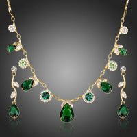 Khaista green cubic zirconia necklace earrings set on white background