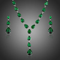 KHAISTA green cubic zirconia teardrop pendant necklace earrings set