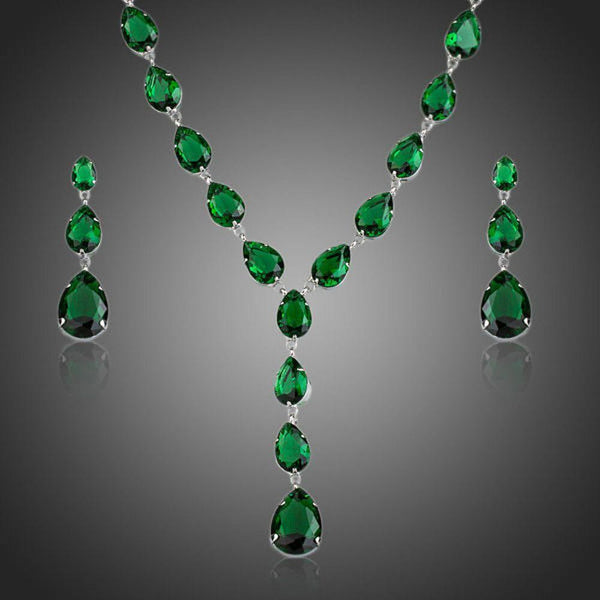 Khaista green cubic zirconia teardrop pendant necklace earrings set