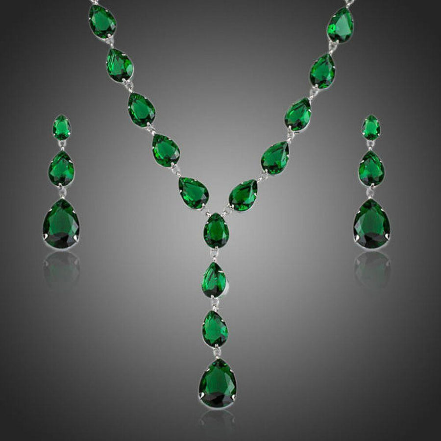 KHAISTA green cubic zirconia teardrop pendant necklace earrings set