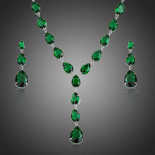 Load image into Gallery viewer, Green Cubic Zirconia Tear Drop Pendant Necklace and Earrings Set - KHAISTA Fashion Jewellery
