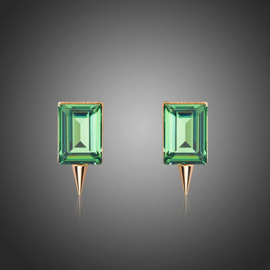 KHAISTA green rectangle crystal stud earrings on white background