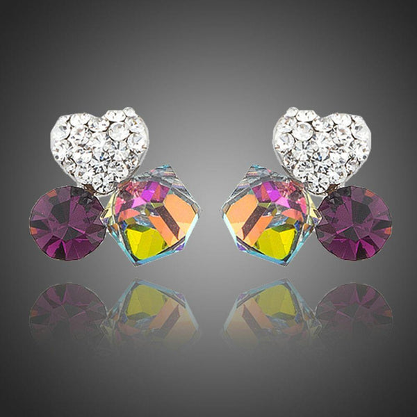 KHAISTA heart cube circle crystal stud earrings on white background