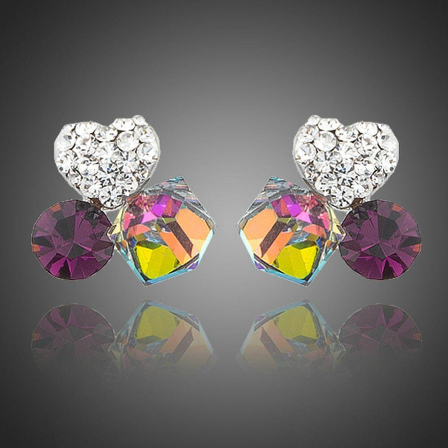 KHAISTA heart cube circle crystal stud earrings on white background
