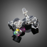 Close up of KHAISTA heart cube circle crystal stud earrings