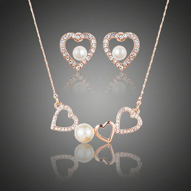 Hearts with a Pearl Stud Earrings + Pendant Necklace Set - KHAISTA Fashion Jewellery