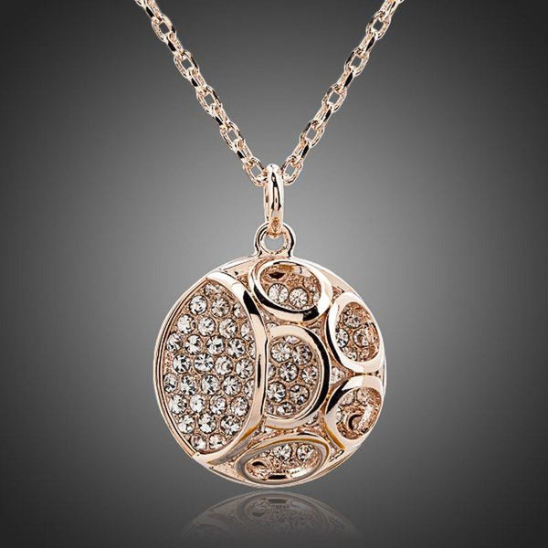 KHAISTA hollow round crystal pendant necklace on white background