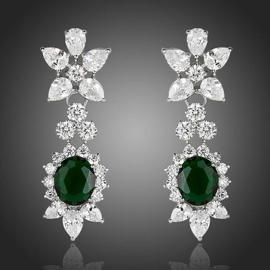 KHAISTA hooker's green CZ crystal drop earrings on white background