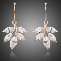 KHAISTA leaf shaped zircon drop earrings on white background
