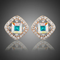 KHAISTA lightweight crystal square stud earrings on white background