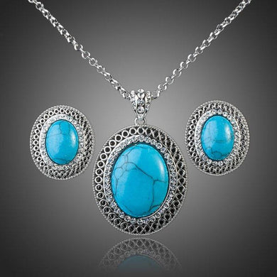 Lime Blue Round Turquoise Ellipse Pendant Necklace + Stud Earring Set - KHAISTA Fashion Jewellery