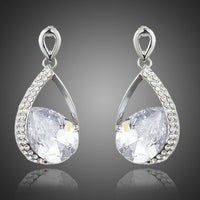 KHAISTA CZ drop earrings on white background
