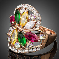 Detailed macro close up view of the brilliant stone settings on this premium flower cubic zirconia ring