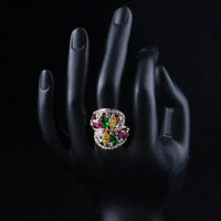 Side angle view highlighting the comfortable band silhouette of the luxury flower cubic zirconia ring