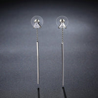 line triangle crystal drop earrings detail view by KHAISTA