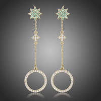 KHAISTA long chain round crystal drop earrings on white background