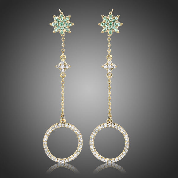 KHAISTA long chain round crystal drop earrings on white background