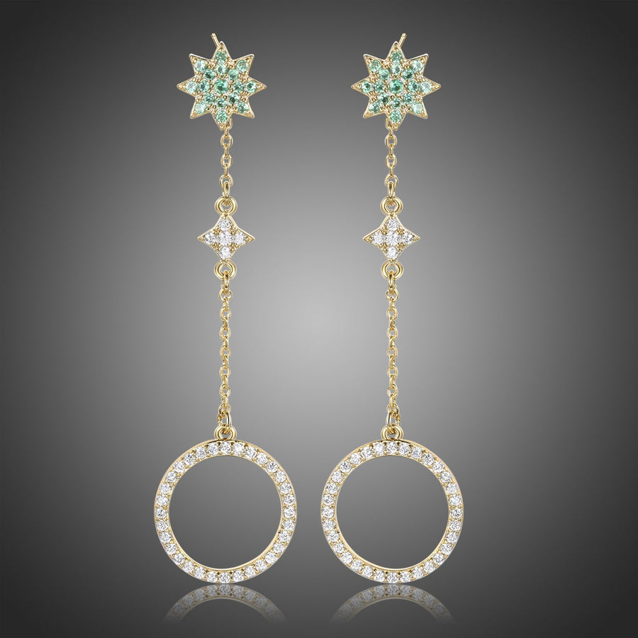 KHAISTA long chain round crystal drop earrings on white background