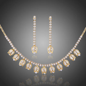 Lotus Necklace and Dangle Earrings Jewelry Set With High Level CZ Rhinestones - KHAISTA Fashion Jewellery