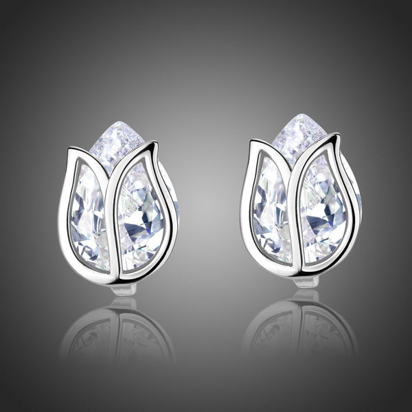 KHAISTA lotus crystal stud earrings on white background