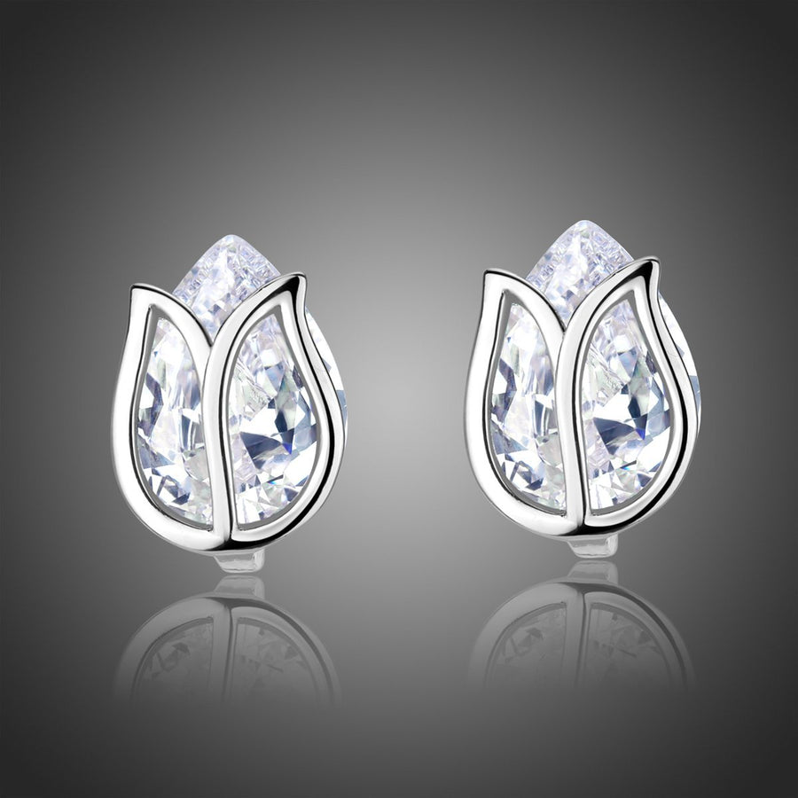KHAISTA lotus crystal stud earrings on white background