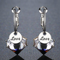 love crystal drop earrings detail view by KHAISTA