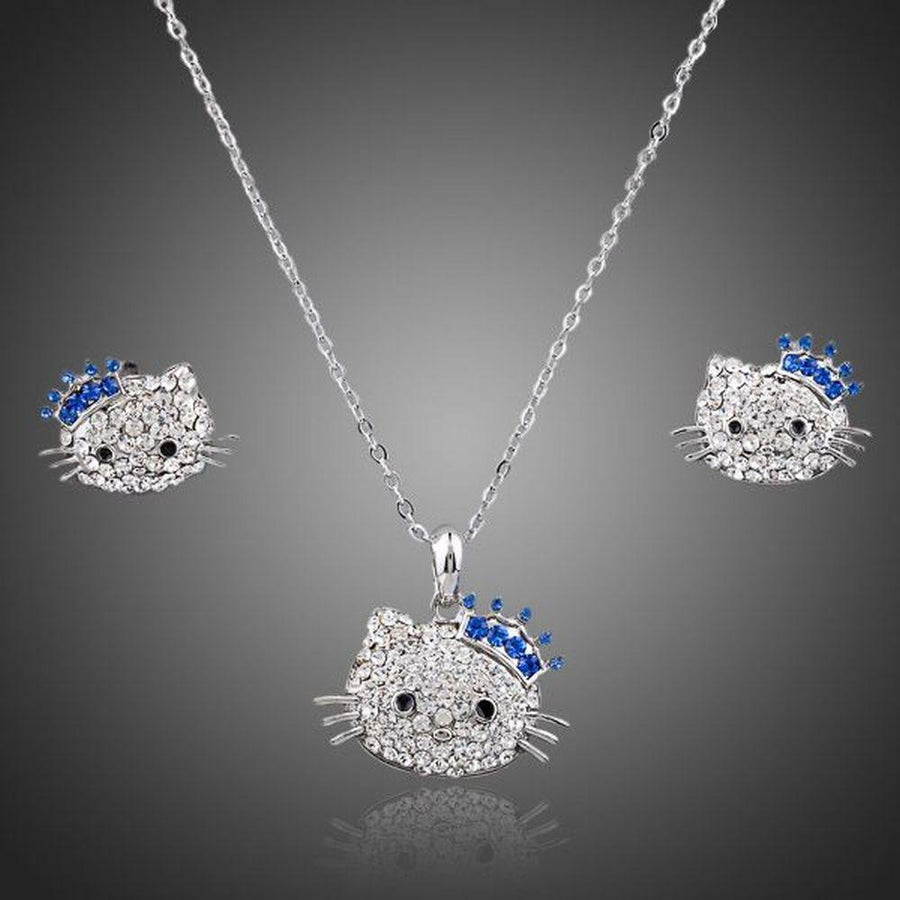 Khaista cat motif Stellux crystal white gold jewellery set