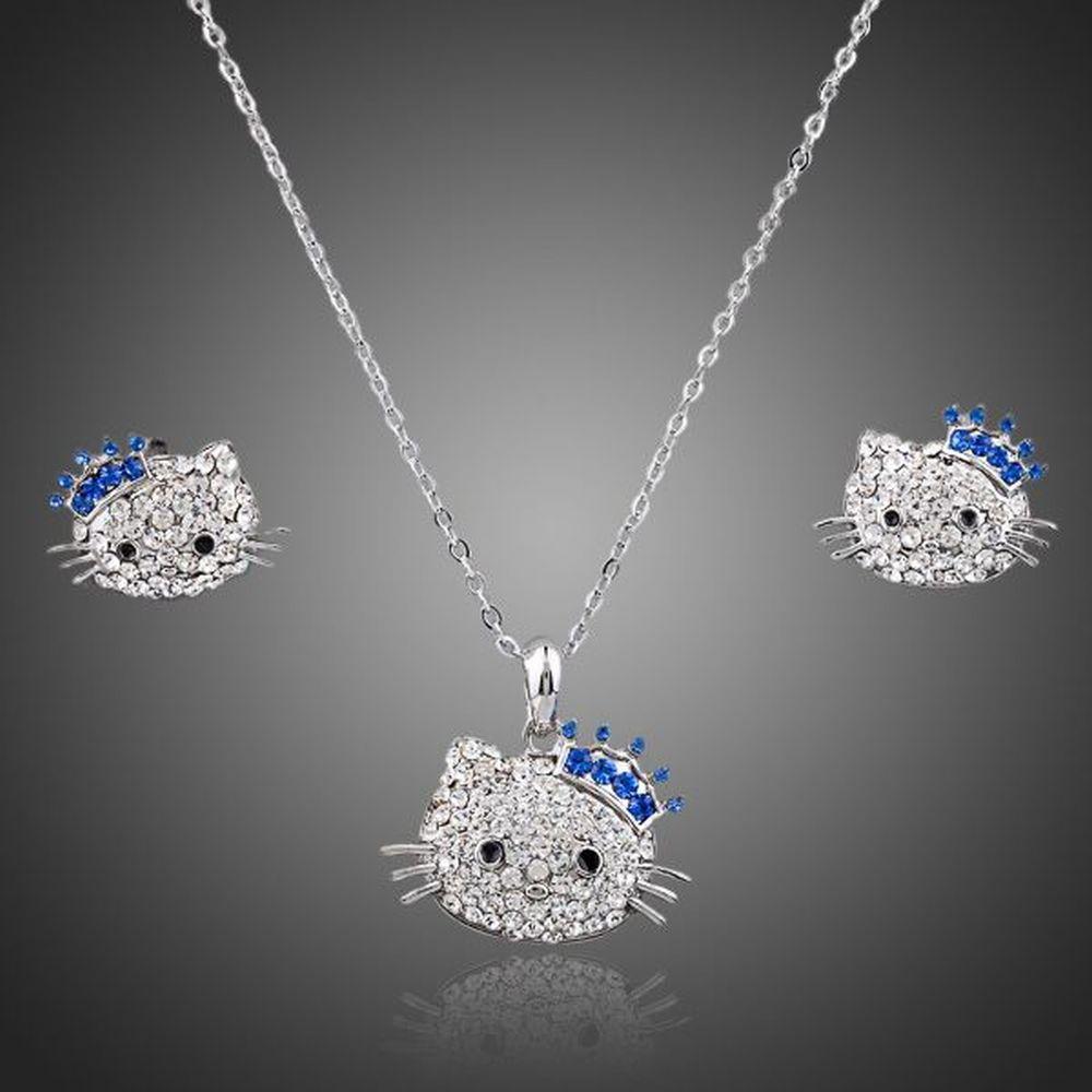 Lovely Cat White Gold Color Stellux Austrian Crystals Jewelry Set - KHAISTA Fashion Jewellery
