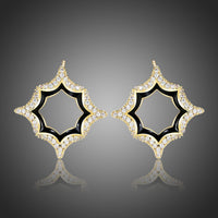 KHAISTA luxury geometric crystal stud earrings on white background