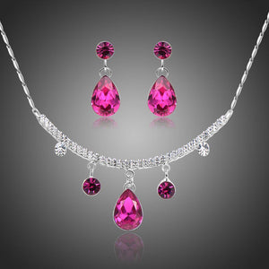 Magenta Pearl Necklace and Drop Earring Crystal White Gold Jewellery Set - KHAISTA Fashion Jewellery