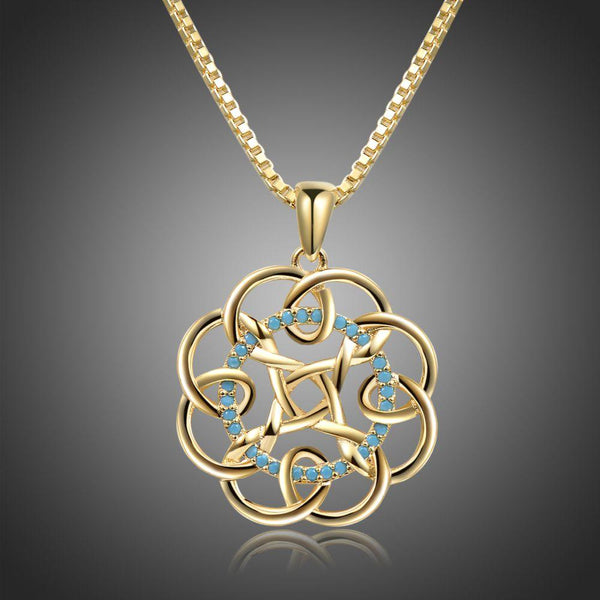 KHAISTA micro pave AAA blue CZ sunflower necklace on white background