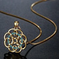 Pendant detail on KHAISTA micro pave AAA blue CZ sunflower necklace