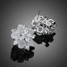 Load image into Gallery viewer, Milky White Cubic Zirconia Flower Clip Earrings - KHAISTA Fashion Jewellery
