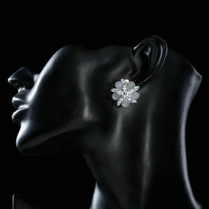 Milky White Cubic Zirconia Flower Clip Earrings - KHAISTA Fashion Jewellery